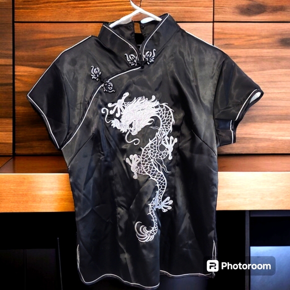 Cheongsam Tops - Traditional Chinese Black Satin Shirt with Dragon Embroidery